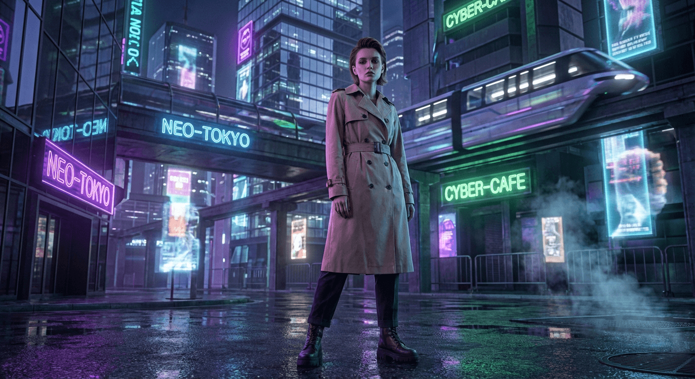 Trench coat against a night city backdrop