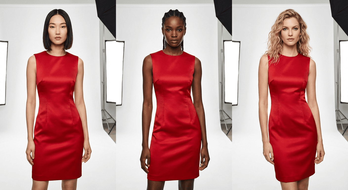 One red satin dress on three models