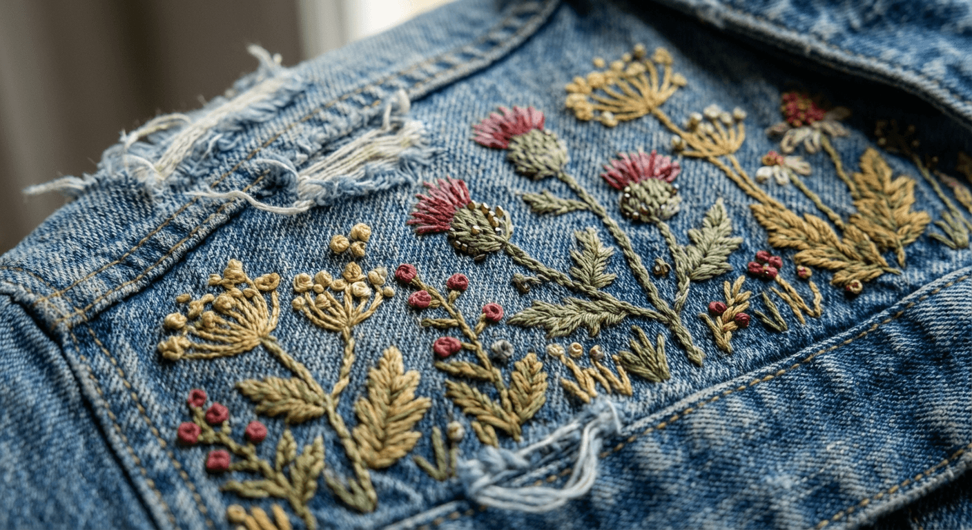Close-up of hand embroidery on a denim jacket
