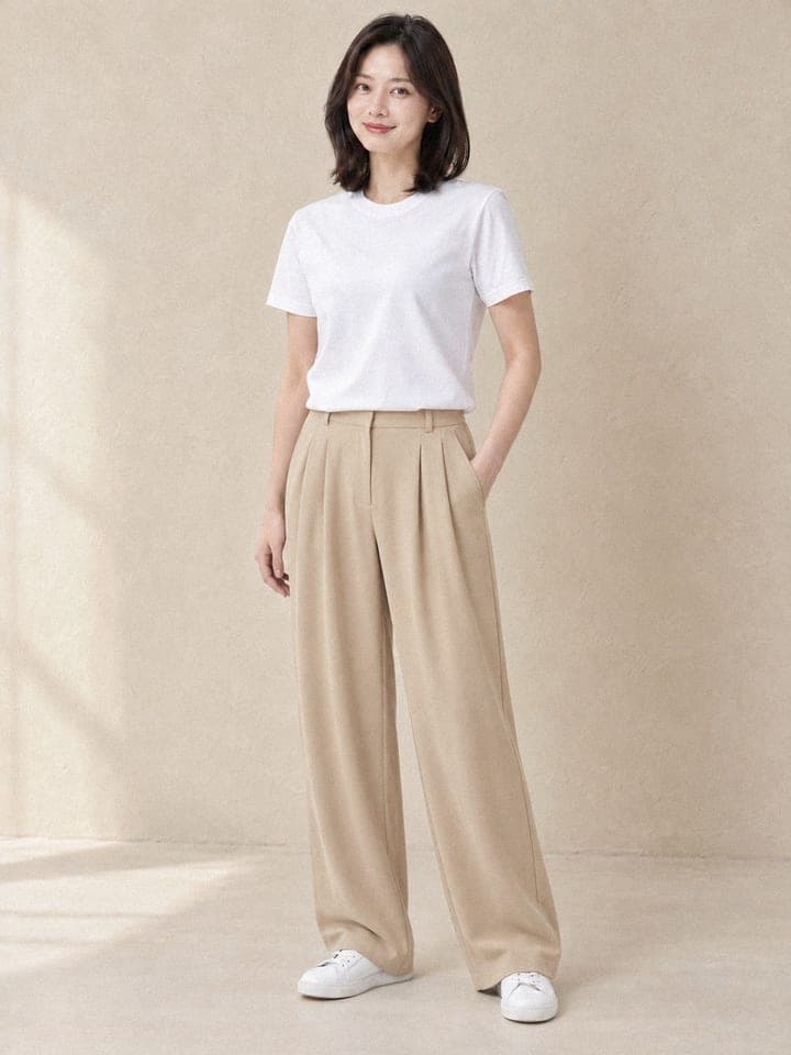 AI model wearing the beige wide pants, Front shot