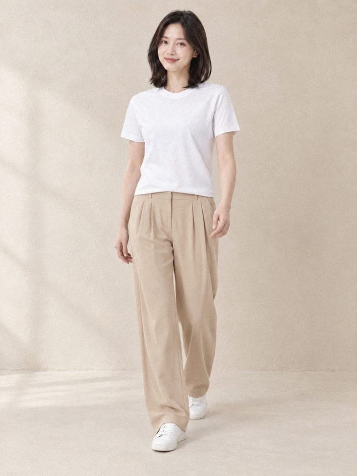AI model wearing the beige wide pants, Walking shot